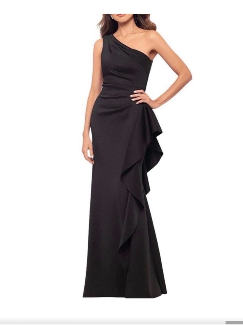 Xscape One-Shoulder Black Ruffled Evening Gown 14P